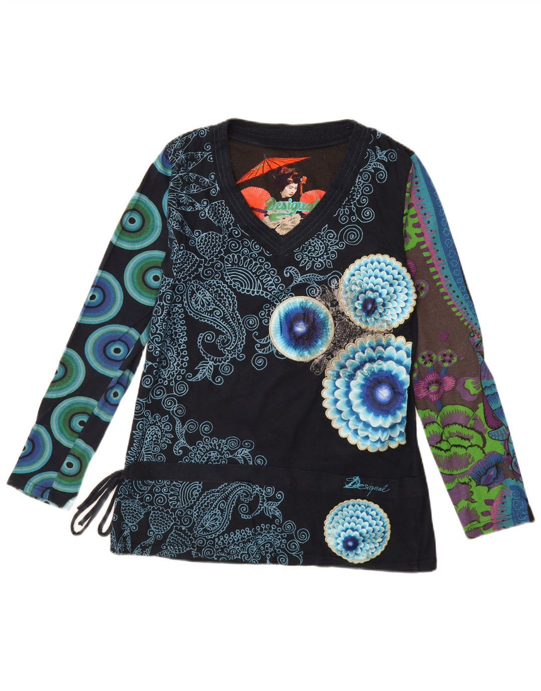 Desigual Dame Grafisk Top Langærmet UK 18 XL Navy Blue Patchwork