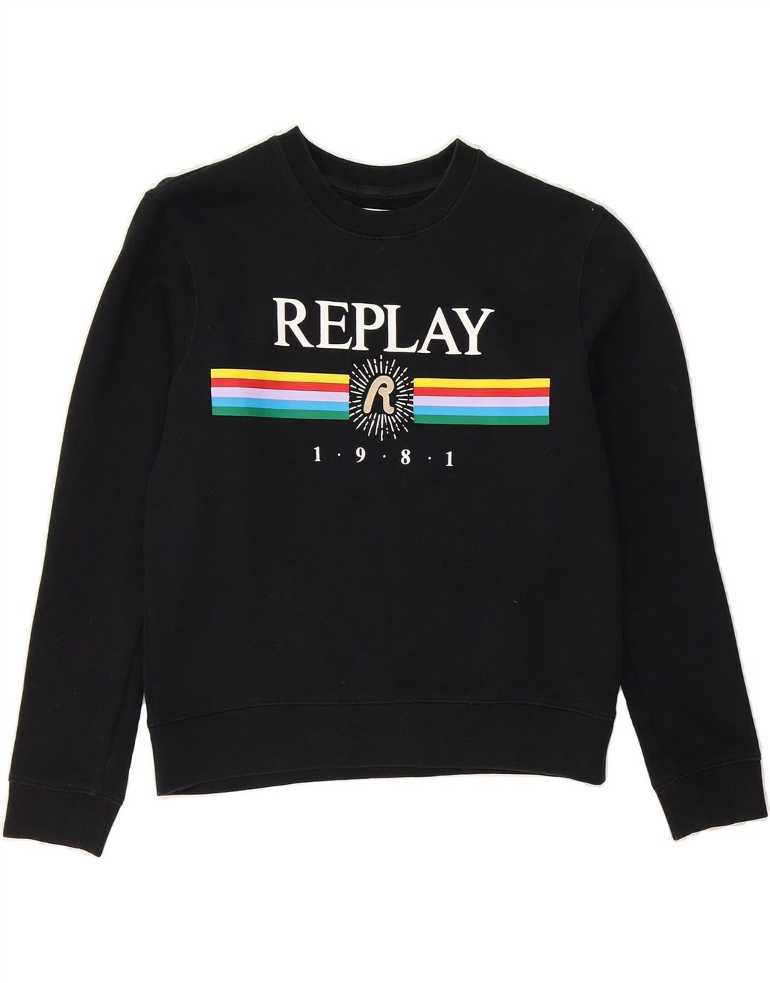 REPLAY Womens Graphic Sweatshirt Jumper UK 10 Small Black Cotton Vintage Replay and Second-Hand Replay from Messina Hembry 