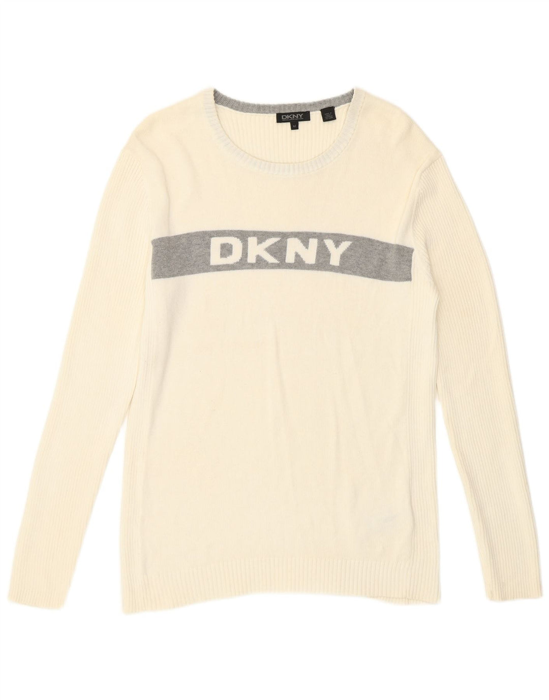 Dkny Herre Grafisk Boat Neck Jumper Sweater Medium White Colourblock Bomuld