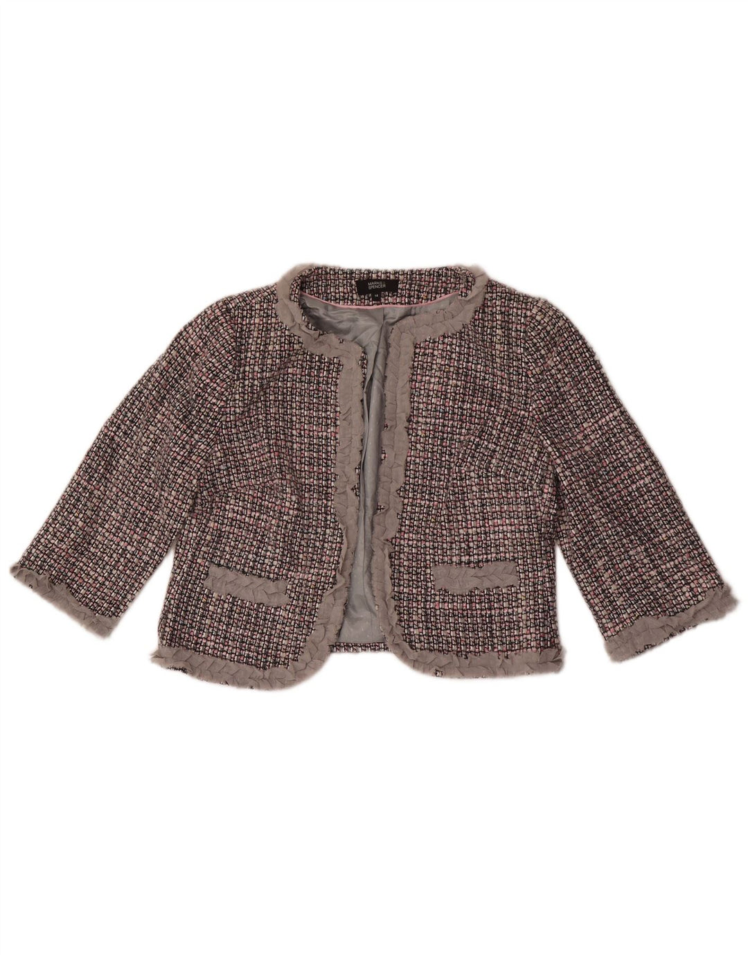 Marks & Spencer dame 3/4-ærmet Bolero-jakke UK 14 mellemgrå ternet