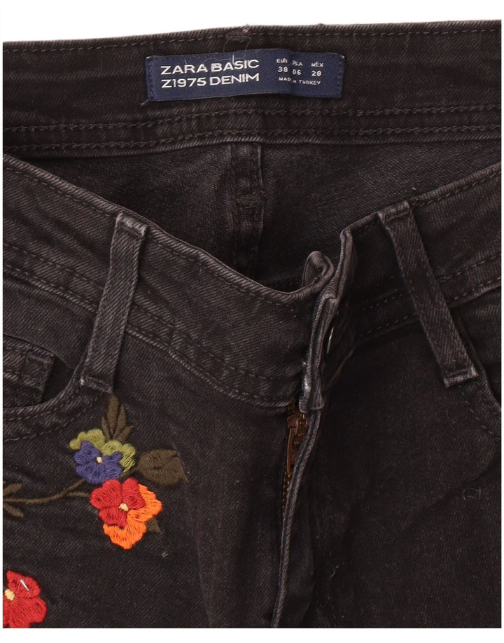 Zara Womens grafiske denimshorts EU 38 Small W28 Black Floral Bohemian