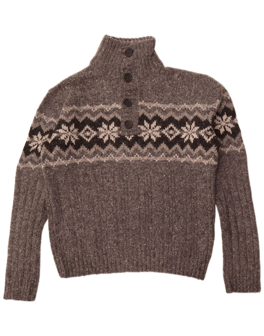 Marks & Spencer Herre Button Neck Jumper Sweater Large Grey Fair Isle Wool