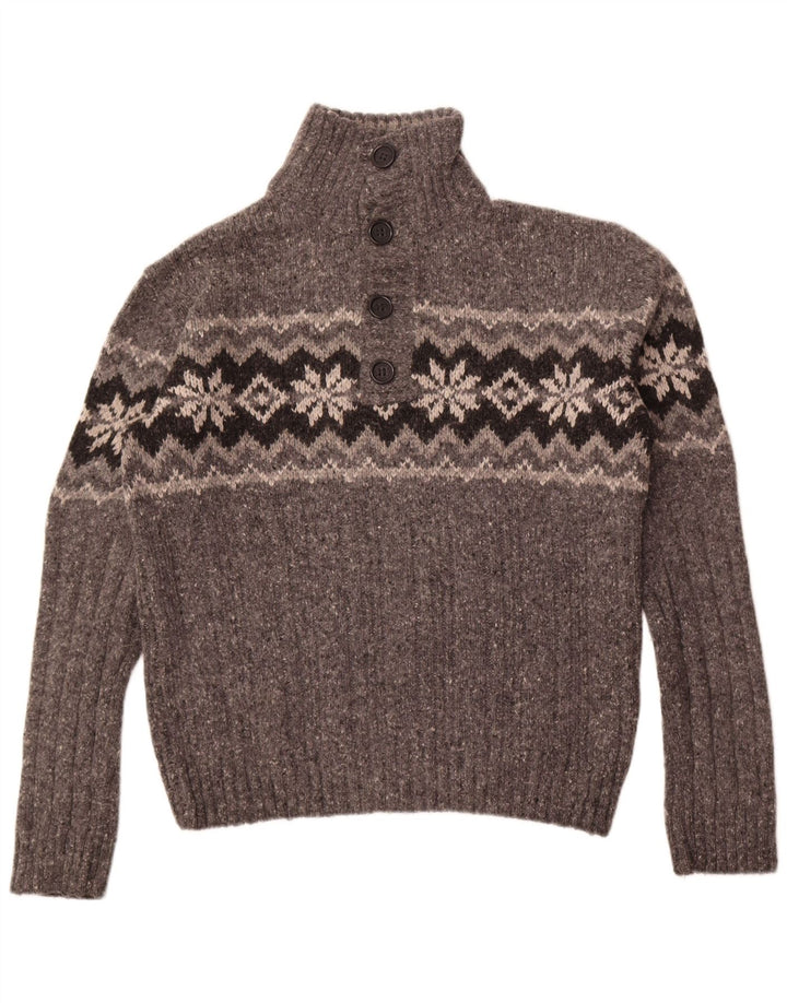 Marks & Spencer Herre Button Neck Jumper Sweater Large Grey Fair Isle Wool