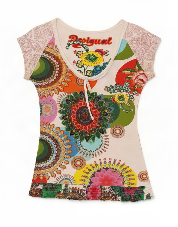Desigual Dame Grafisk T-Shirt Top UK 12 Medium Multicolored Floral
