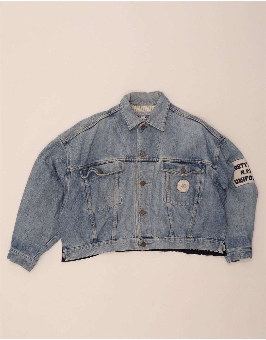 UNIFORM Dame Crop Graphic Denim Jacket UK 14 Large Blue