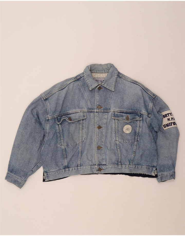 UNIFORM Dame Crop Graphic Denim Jacket UK 14 Large Blue