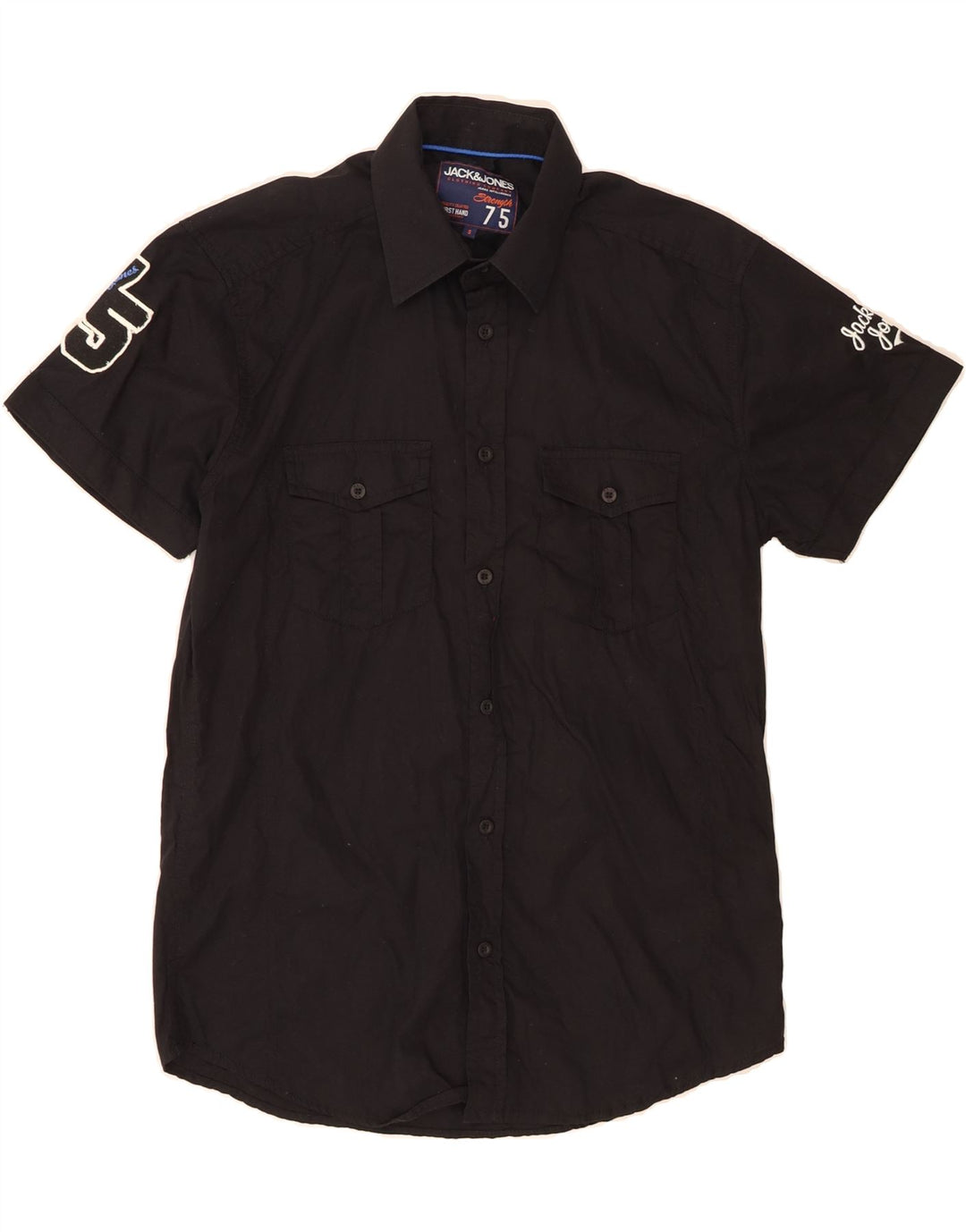 JACK & JONES Mens Graphic Short Sleeve Shirt Small Black Cotton Vintage Jack & Jones and Second-Hand Jack & Jones from Messina Hembry 