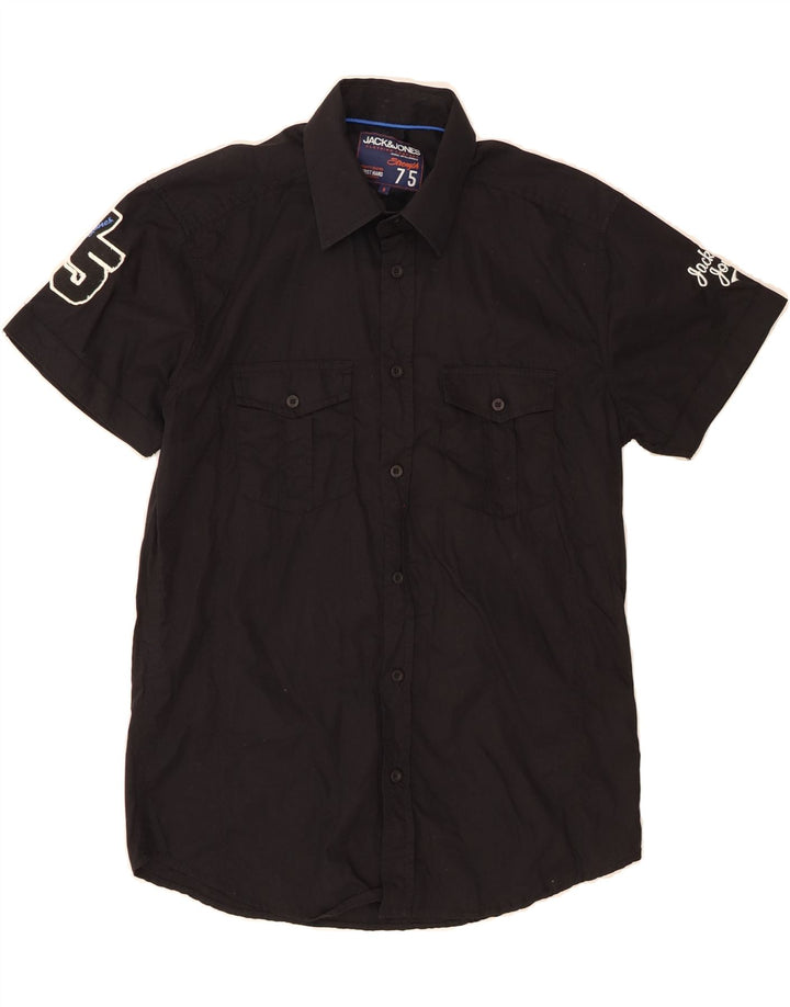 JACK & JONES Mens Graphic Short Sleeve Shirt Small Black Cotton Vintage Jack & Jones and Second-Hand Jack & Jones from Messina Hembry 