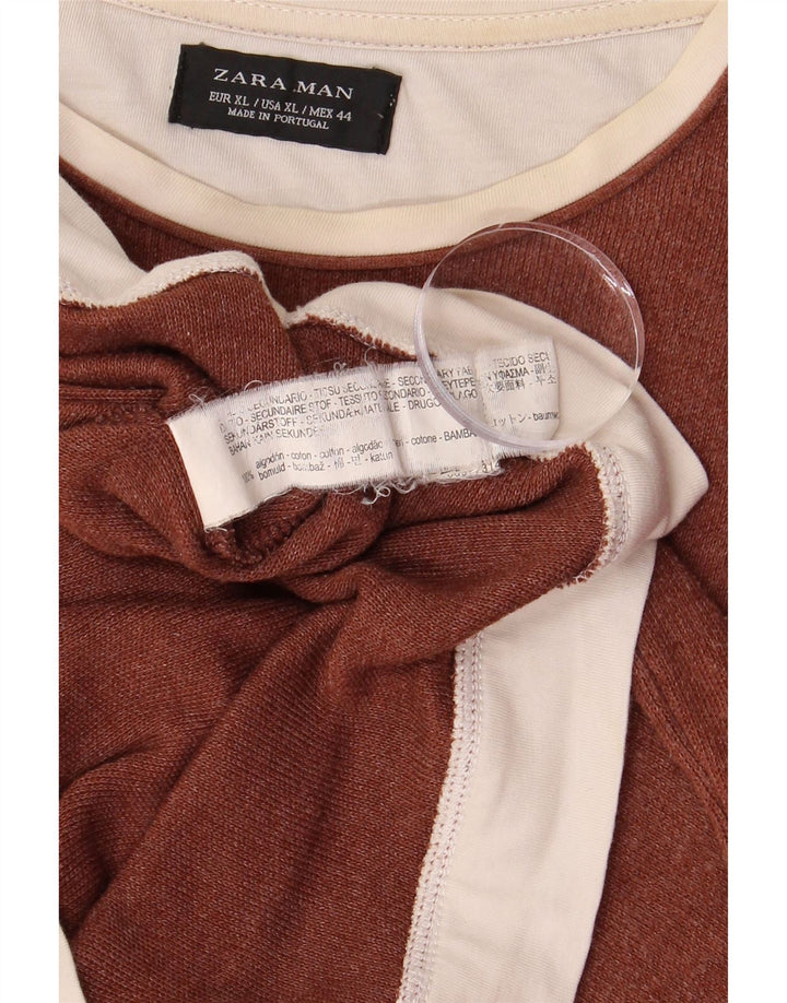 ZARA Herre Top Langærmet XL Brun Colourblock Bomuld