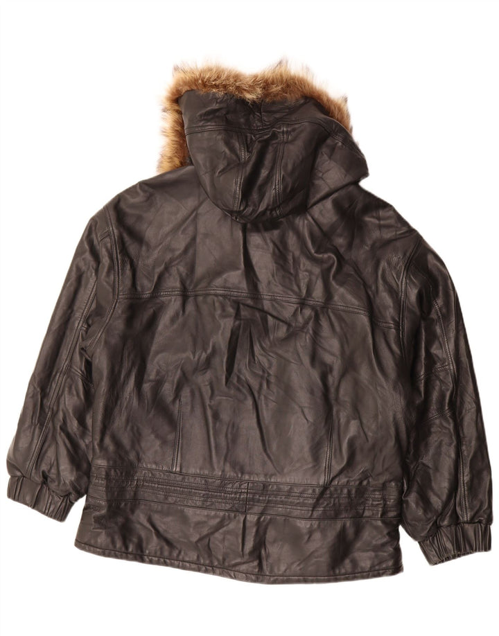 Vintage dame hætte oversize læderjakke IT 48 XL sort læder