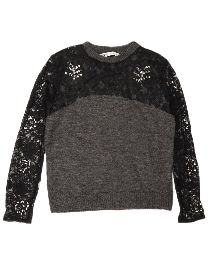 Zara sweater med rund hals til kvinder UK 10 Lille grå farveblok