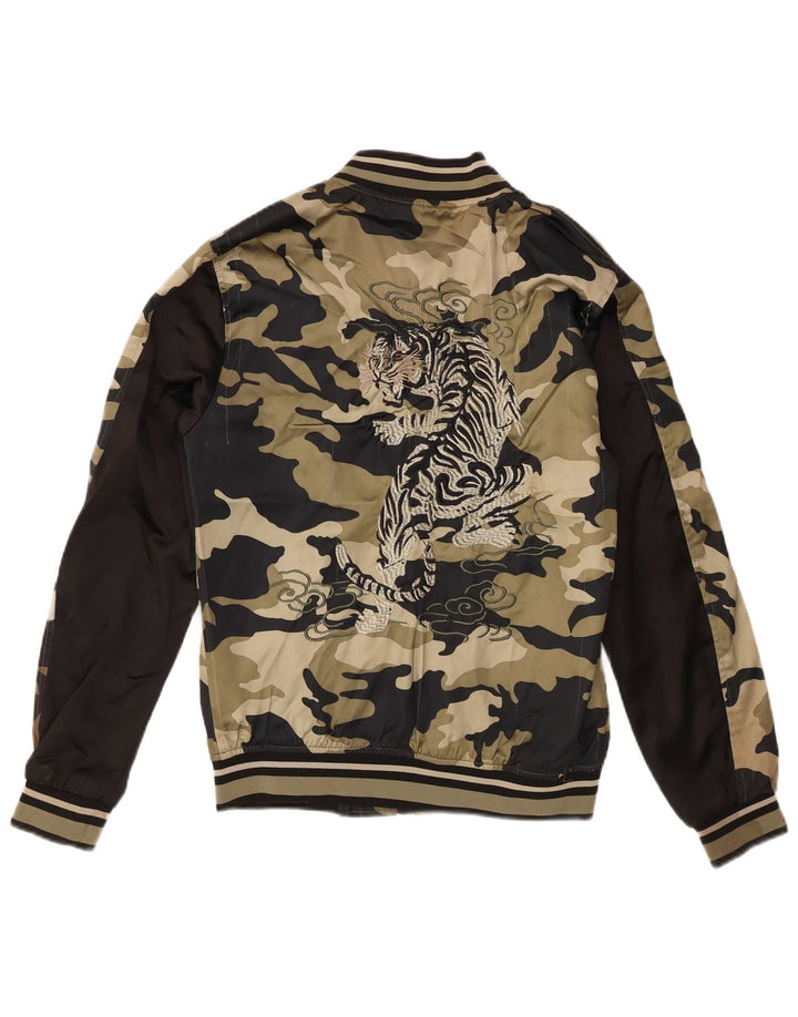 Zara Herre Graphic Bomber Jacket UK 38 Medium Khaki Camouflage Polyester