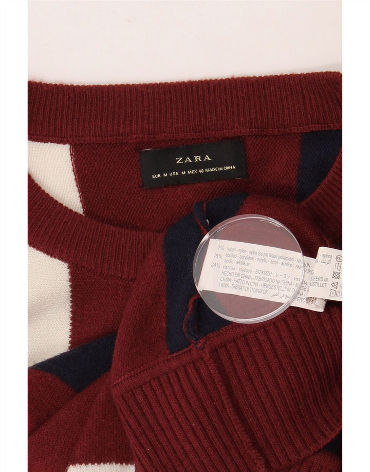 ZARA sweater med rund hals til mænd Medium Burgund stribet nylon