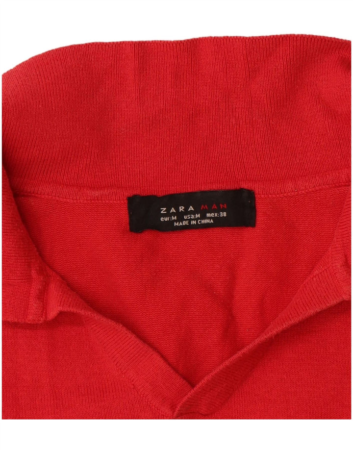 Zara Herre Kortærmet Polo Neck Jumper Sweater Medium Rød Bomuld