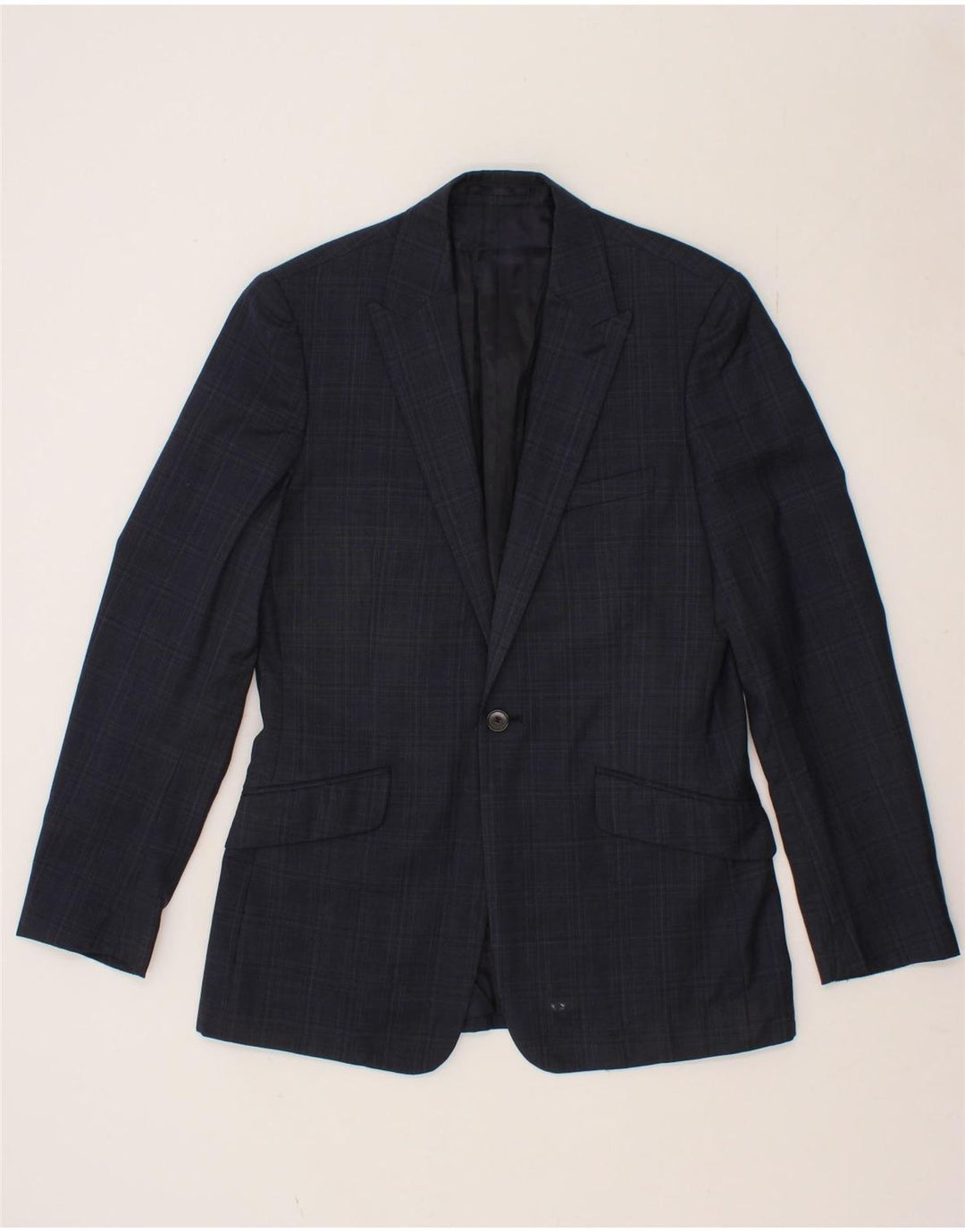 REISS Mens 1 Button Blazer Jacket UK 38 Medium Navy Blue Check Wool Vintage Reiss and Second-Hand Reiss from Messina Hembry 