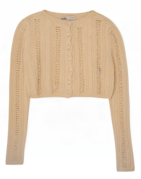 Zara Womens Crop Cardigan Sweater UK 10 Small Beige Bomuld