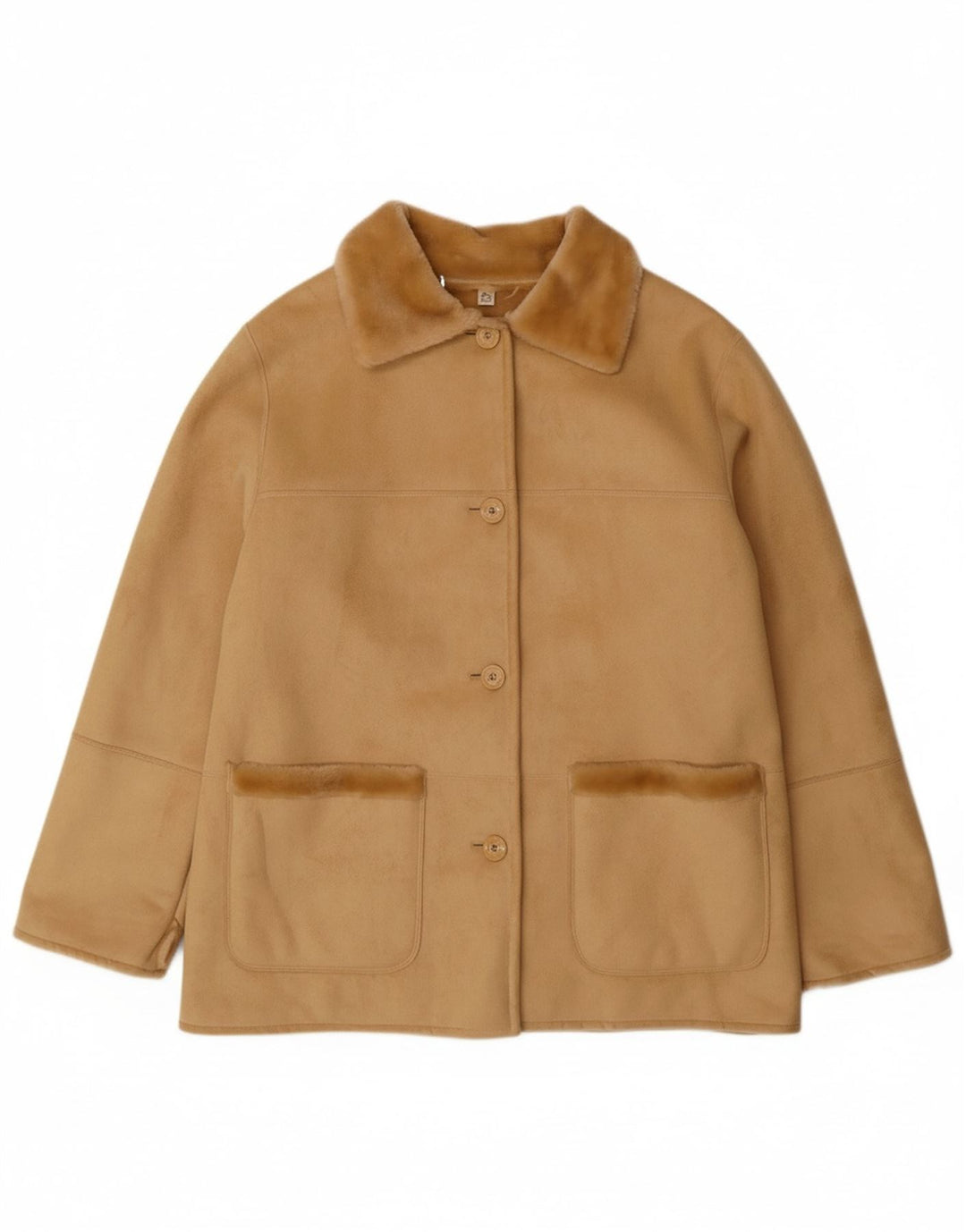 VINTAGE Sherpajakke til kvinder EU 44 XL Beige Akryl