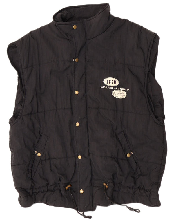 Vintage Herre grafisk hætte polstret Gilet UK 40 Large Black Nylon Sports