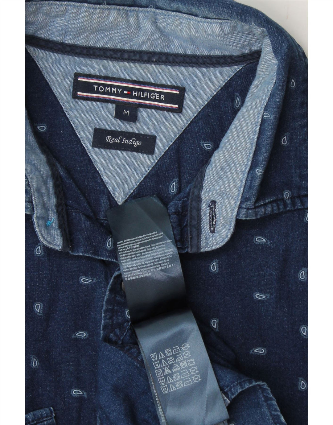 TOMMY HILFIGER Mens Indigo Shirt Medium Navy Blue Paisley Cotton Vintage Tommy Hilfiger and Second-Hand Tommy Hilfiger from Messina Hembry 