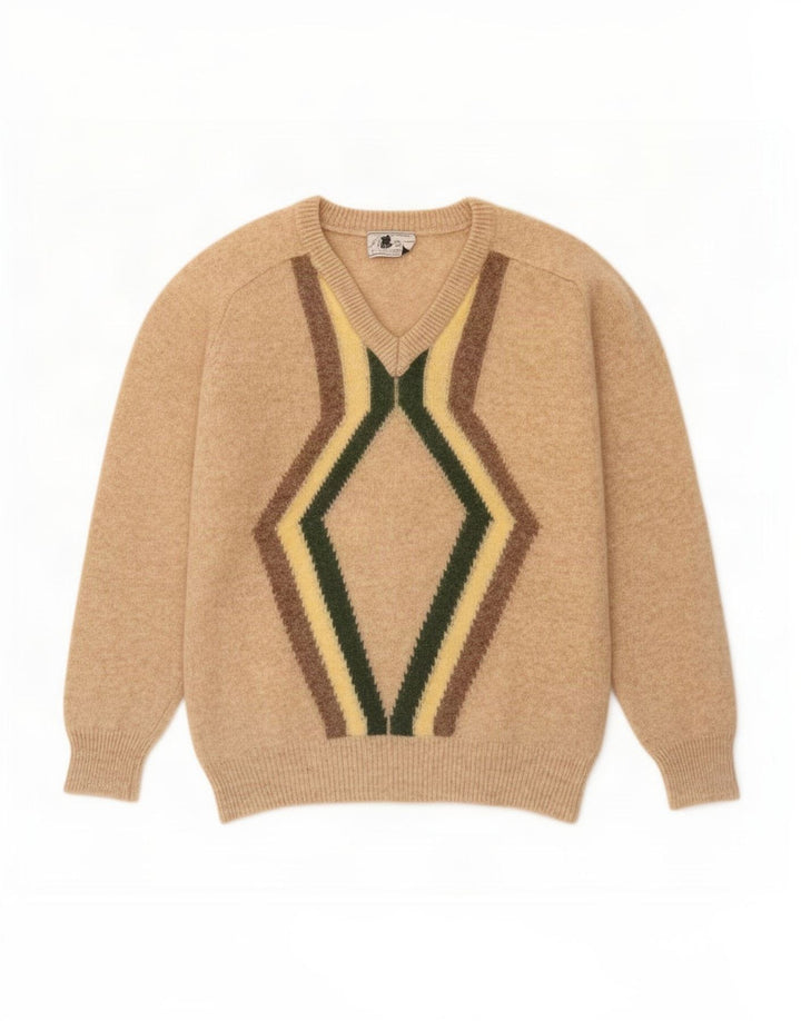 Vintage Herre V-hals sweater Medium Beige Geometrisk Uld