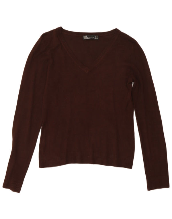 Zara Dame V-hals sweater UK 12 Medium Brown Rayon
