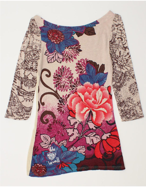 DESIGUAL Womens Graphic Top 3/4 Sleeve UK 8 Small Multicoloured Floral