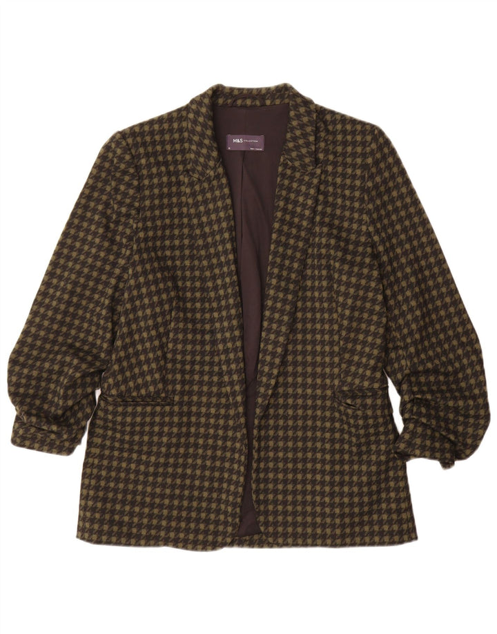 Marks & Spencer Womens Open Blazer Jacket UK 10 Small Khaki Houndstooth