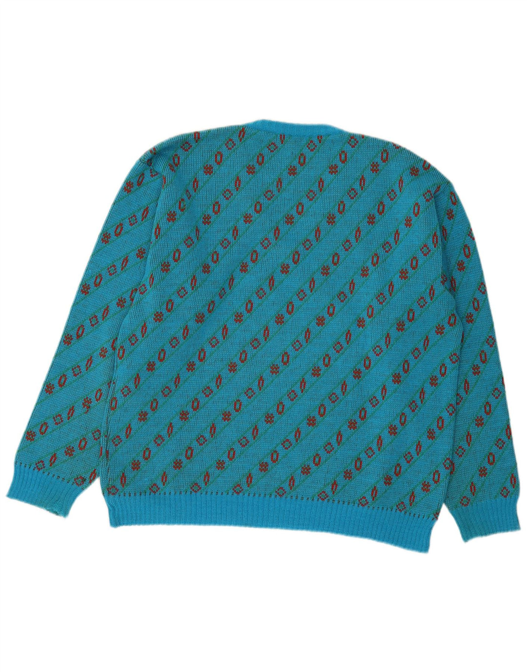 Vintage herre V-hals sweater stor blå geometrisk uld