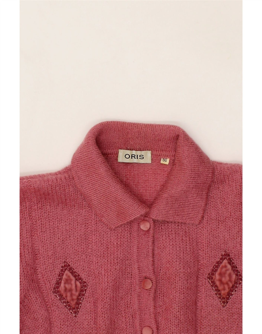 ORIS Womens Polo Neck Jumper Sweater IT 50 XL Pink Argyle/Diamond Vintage Oris and Second-Hand Oris from Messina Hembry 