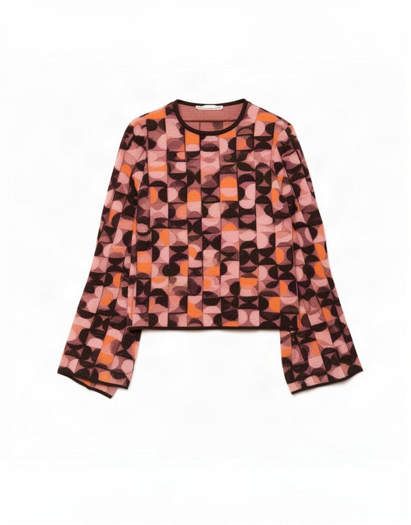 Zara Womens Crop Boat Neck Jumper Sweater UK 10 Small Pink Geometric