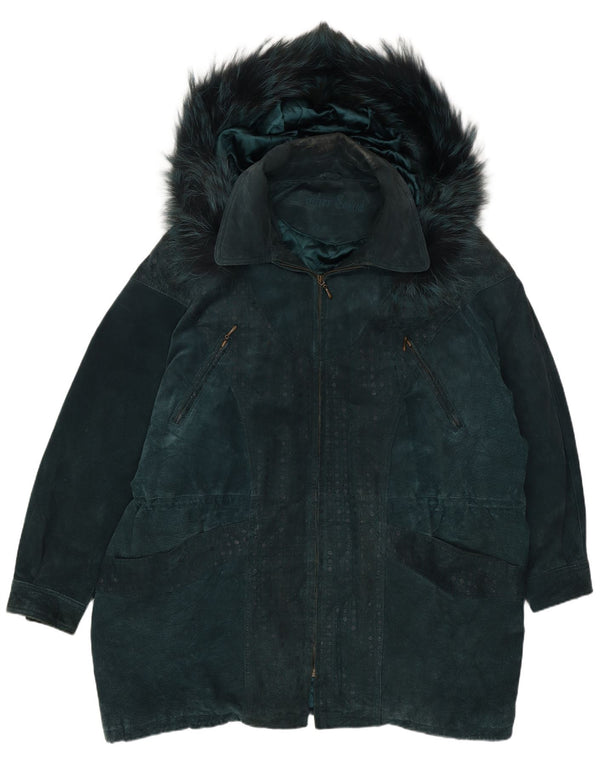 Læder Sound Dame Hætte Ruskind Windbreaker Coat UK 22 3XL Grønt Læder