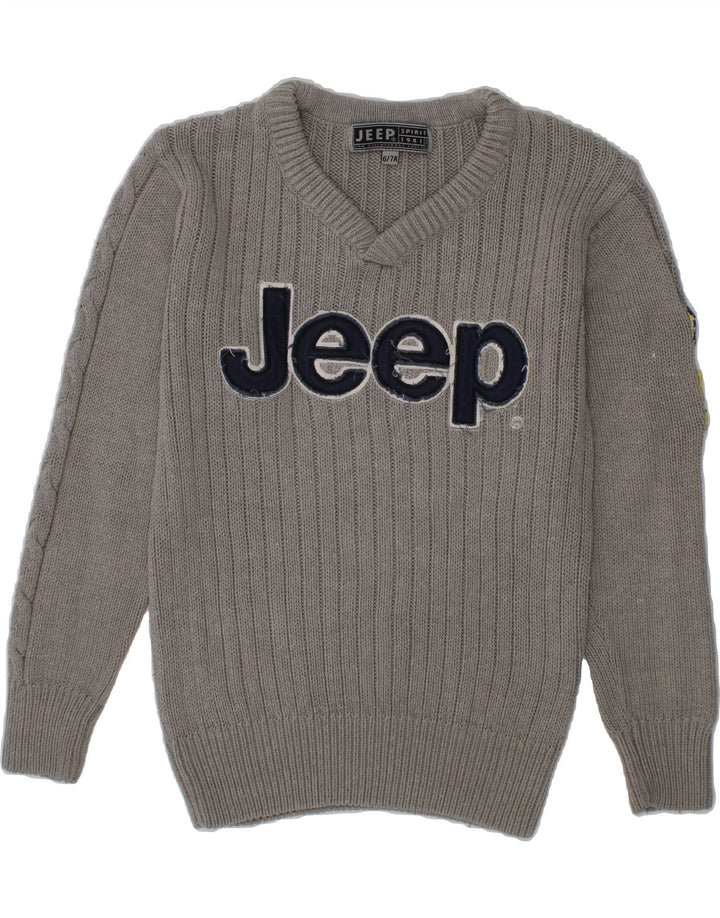 JEEP Boys Graphic V-Neck Jumper Sweater 6-7 Years Grey Acrylic Vintage Jeep and Second-Hand Jeep from Messina Hembry 