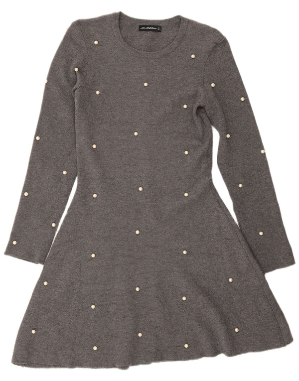 Zara Dame Langærmet Jumper Dress UK 12 Medium Grey Spotted Viscose