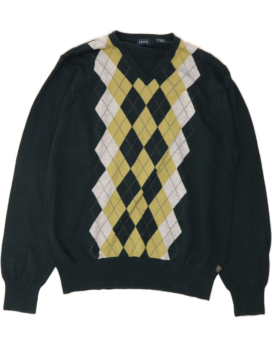 IZOD Mens V-Neck Jumper Sweater Large Green Argyle/Diamond Cotton Vintage Izod and Second-Hand Izod from Messina Hembry 