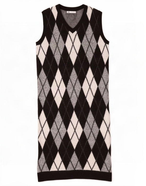 Zara Womens Sleeveless Jumper Dress UK 14 Medium Black Argyle/Diamond