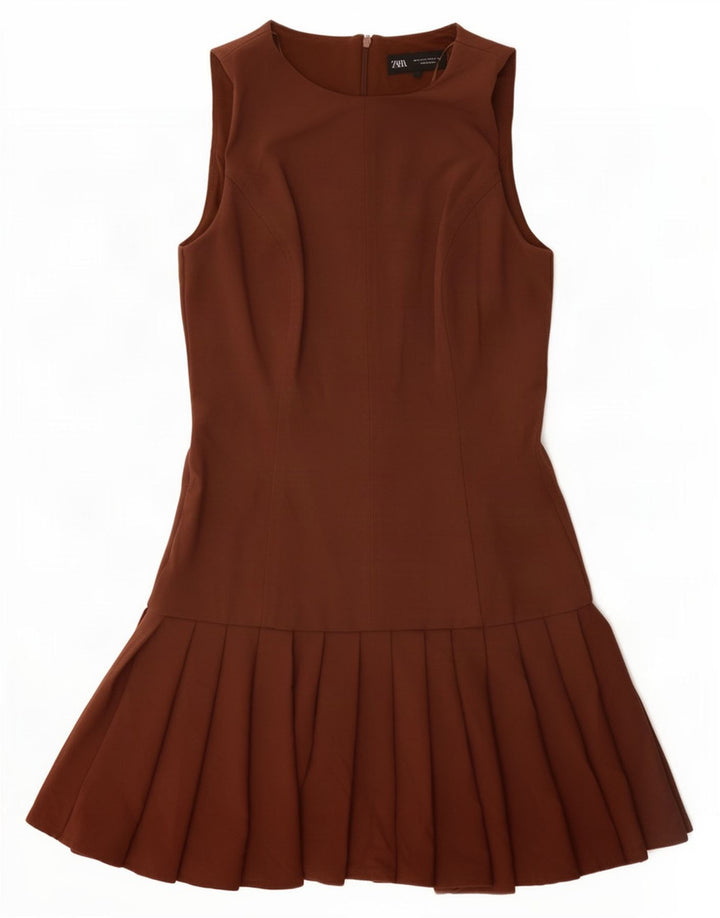 Zara Dame Ærmeløs A-Line Kjole UK 10 Small Brown Polyester