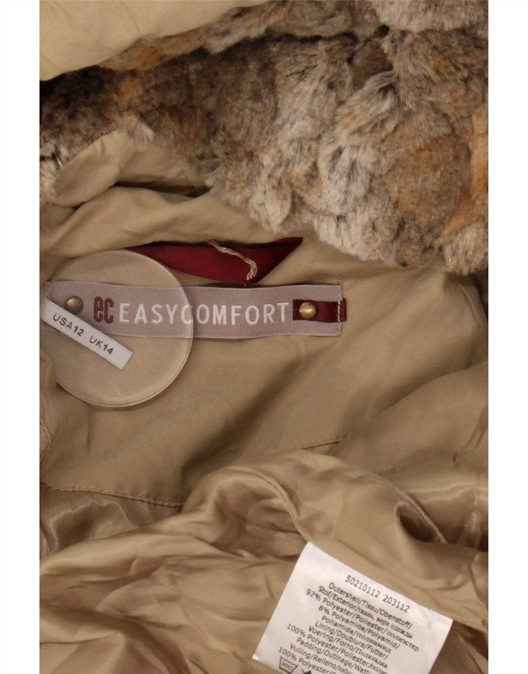 Easy Comfort Dame Hætte Polstret Frakke UK 14 Large Beige Polyester