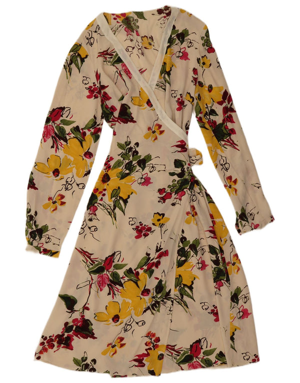 Vintage kvinders langærmet slå-om-kjole UK 16 Large Off White Floral Silke