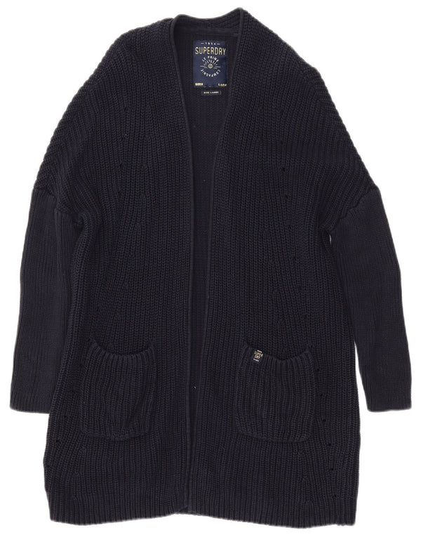 Superdry Womens Longline Open Cardigan Sweater UK 16 Large Navy Blue Cotton
