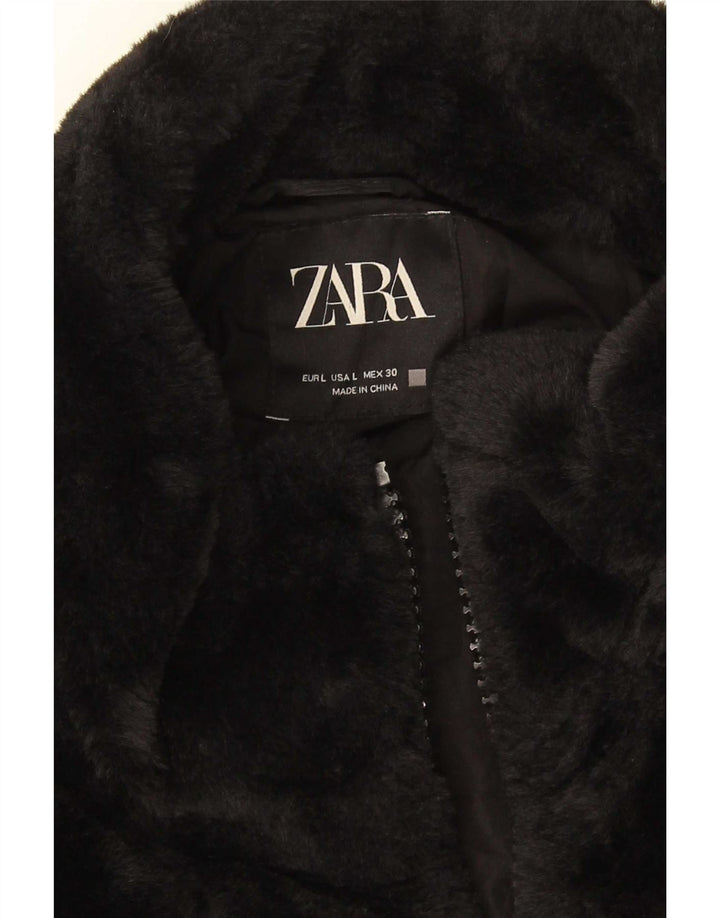 Zara Dame imiteret Pelsjakke UK 16 Stor Sort Polyester