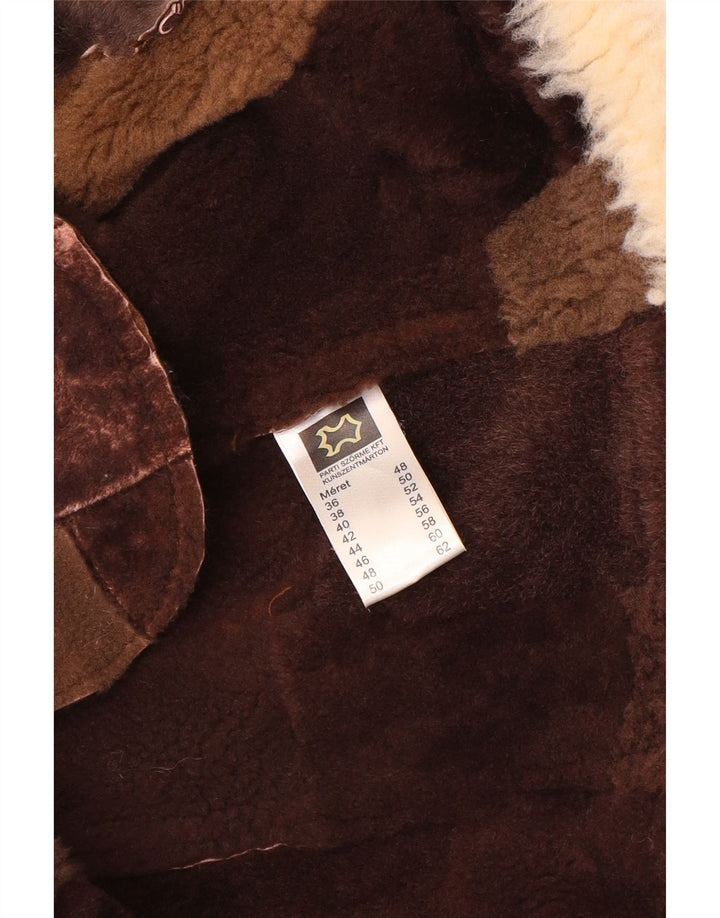 VINTAGE Dame Shearling Gilet EU 36 lille brun patchwork læder