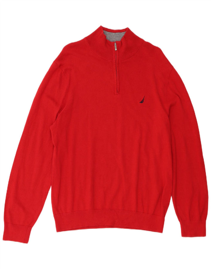 Nautica Herre Zip Neck Jumper Sweater Stor Rød Bomuld