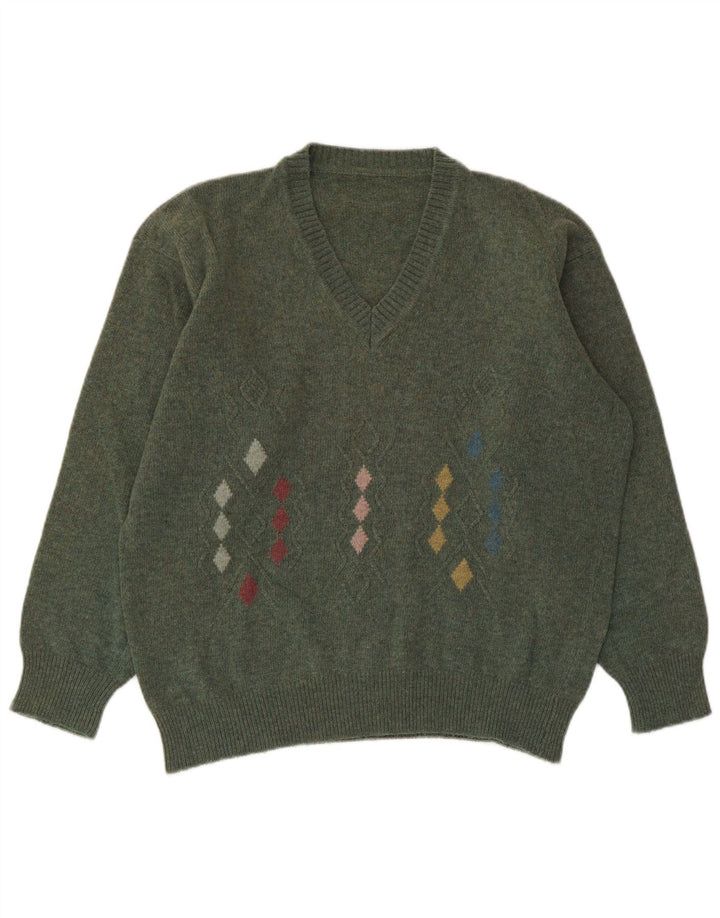Vintage Herre V-hals sweater Stor Khaki Argyle/Diamond