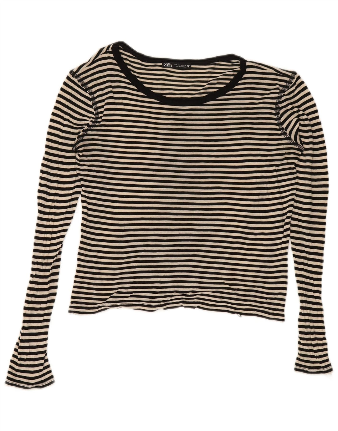 Zara Womens Crop Top Langærmet UK 12 Medium Navy Blue Stribet Nautical