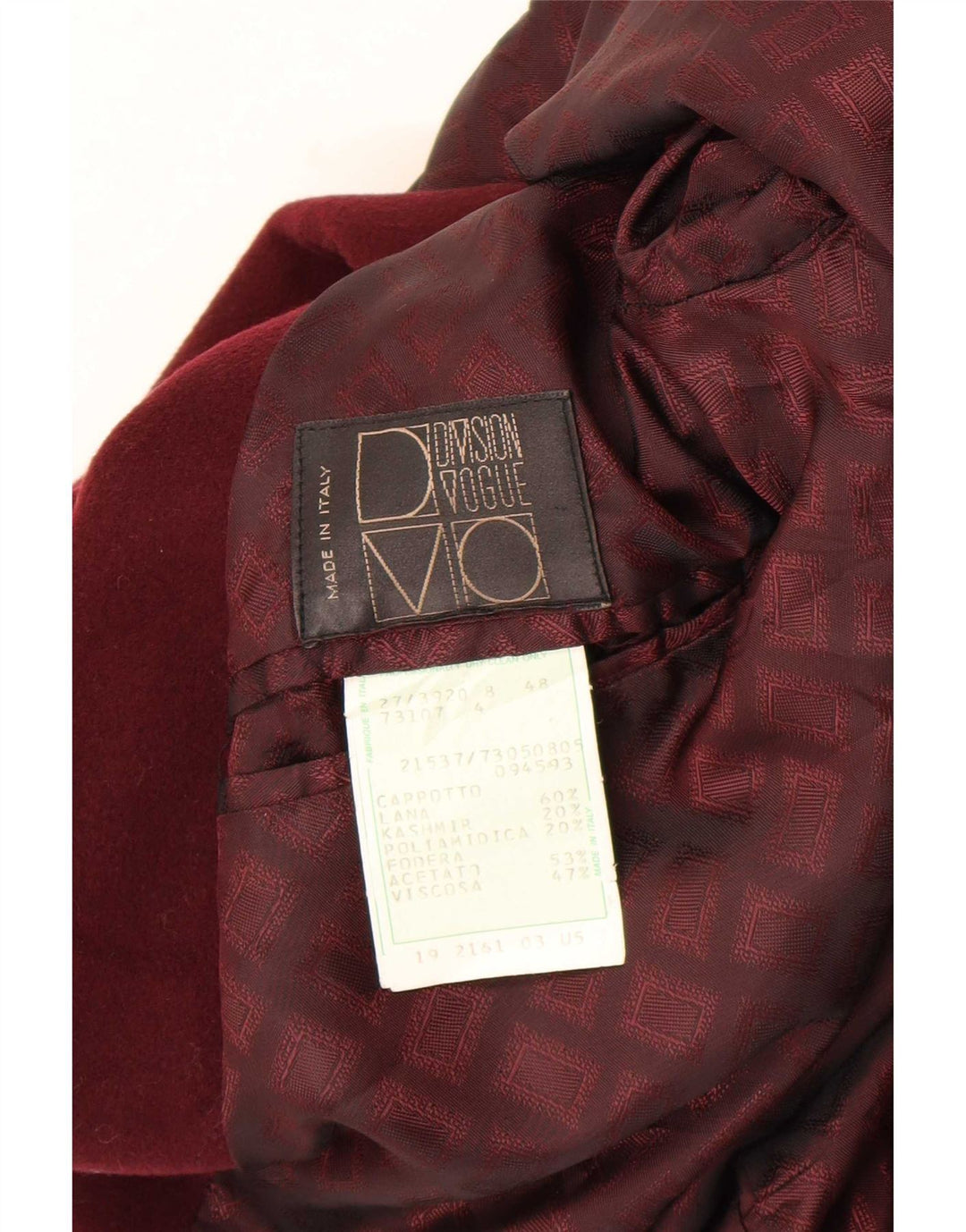 Division Vogue Herre Overfrakke IT 48 Medium Burgundy Wool