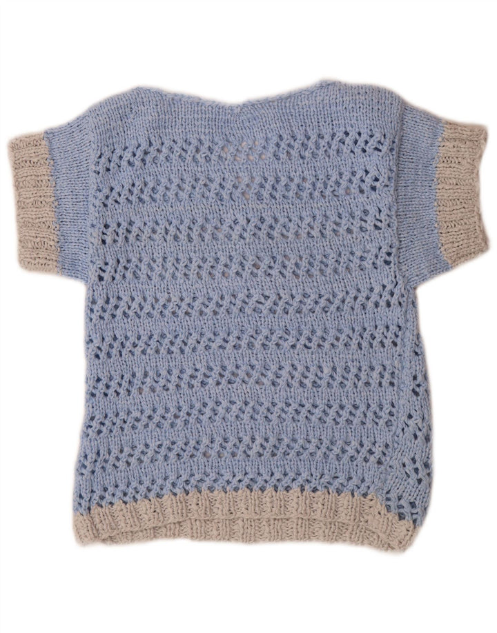 Vintage Dame Kortærmet V-hals Jumper Sweater UK 14 Medium Blue