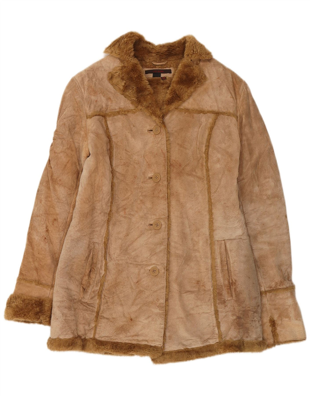 Zara Dame Shearling Jacket UK 14 Medium Beige Læder
