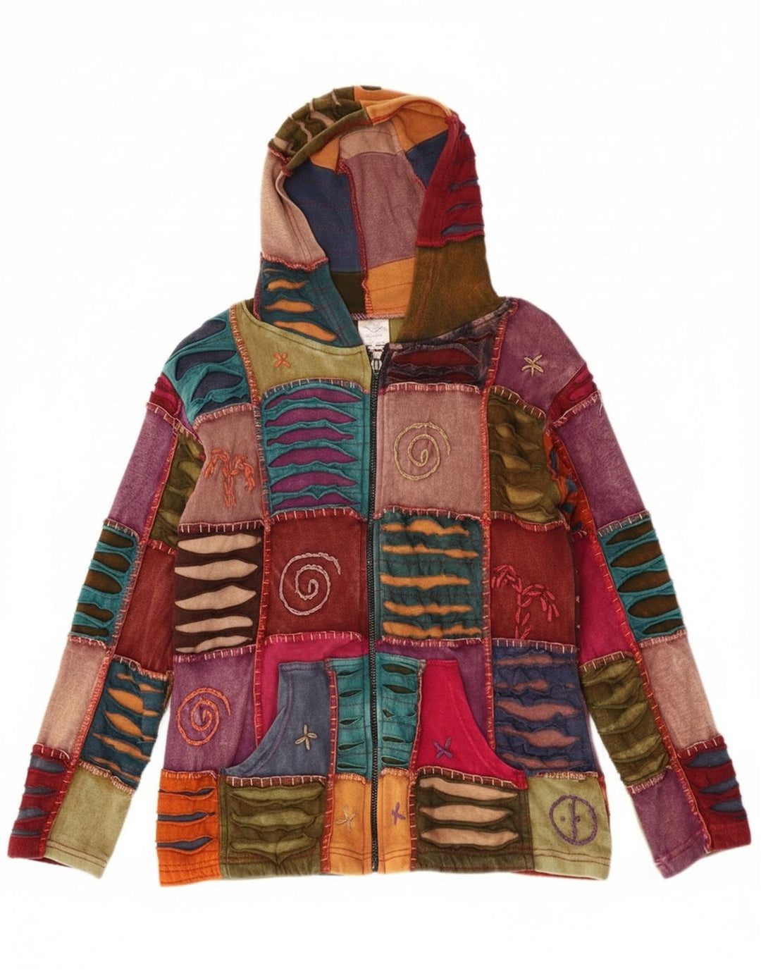 Vintage Dame Crazy Pattern Zip Hoodie Sweater UK 18 XL Multicolored Bohe