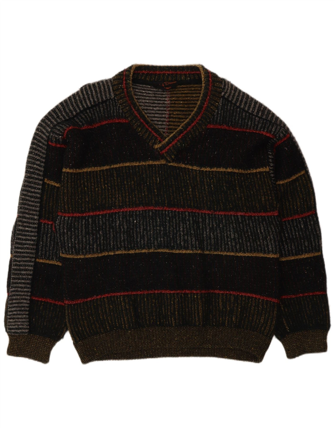 Vintage herre V-hals sweater stor flerfarvet stribet uld