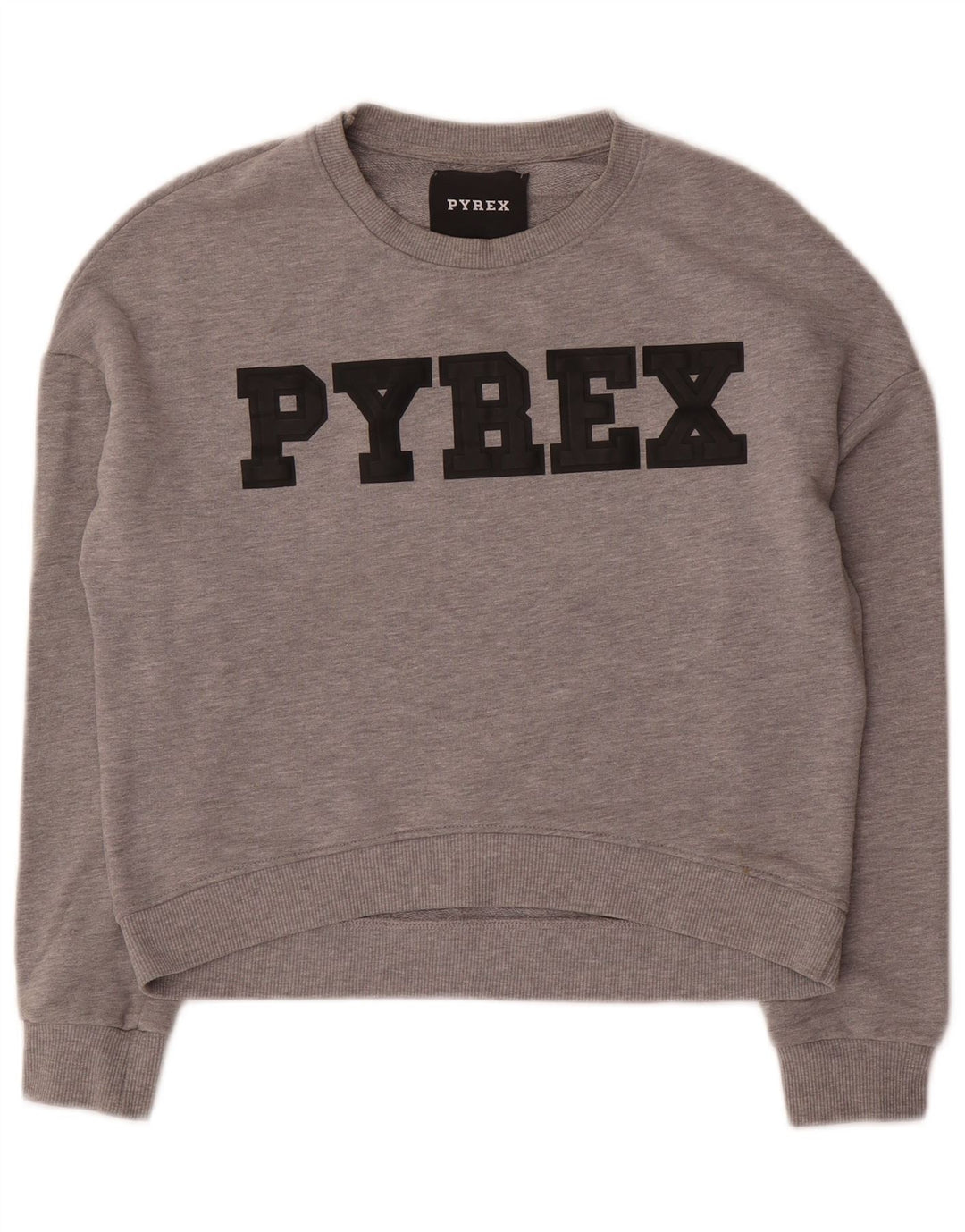 Pyrex Womens Oversized Crop Graphic Sweatshirt Jumper UK 10 Small Grey